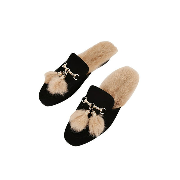 Womens Rabbit Fur Lined Slippers Mules Patent Leather Metal Decor Shoes Comfort
